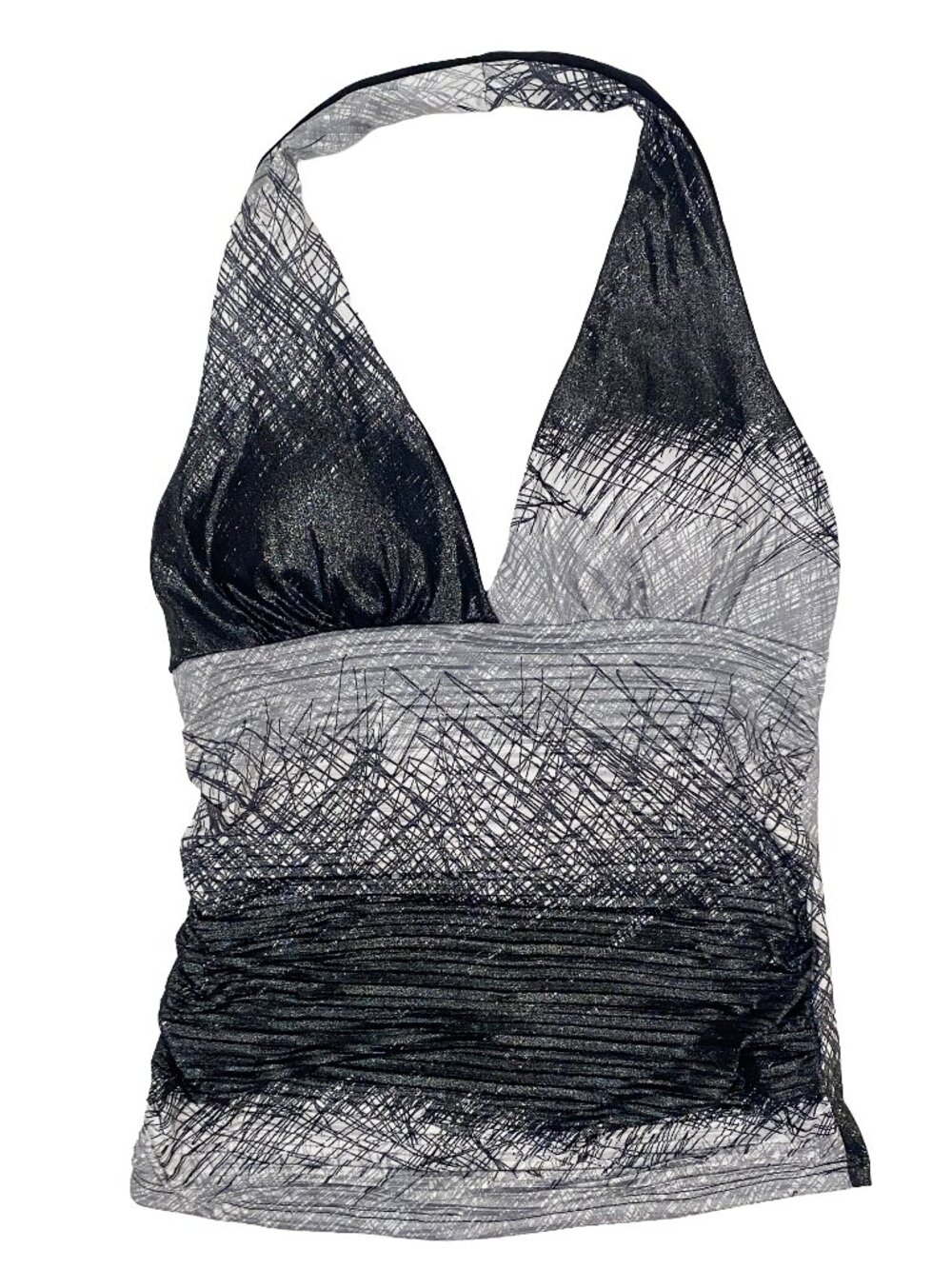 y2k Body Central gray, black, and silver shimmery slinky halter top